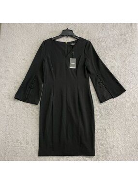DKNY Women's Size 10 Black Bell Sleeve Sheath Dress With Beaded Detail P0031
